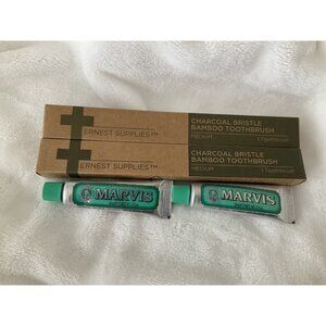 ERNEST SUPPLIES Charcoal Bristle Bamboo Toothbrush & MARVIS Mint Toothpaste LOT4